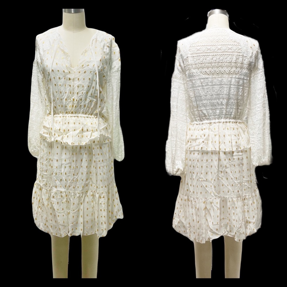 Temperly London tiered chiffon silk lurex metallic and lace cream color dress 4